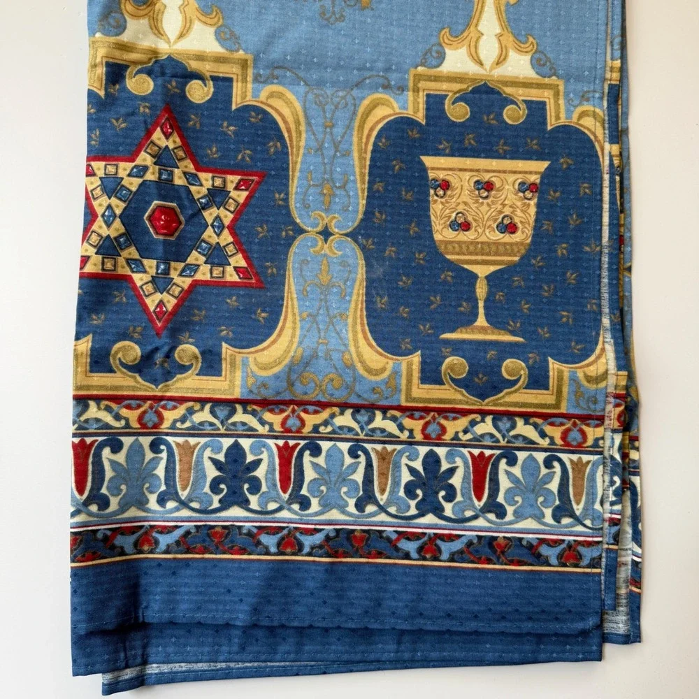 Vintage Wilton Court Hanukkah Tablecloth 52x52 Menorah Star of David Blue Gold